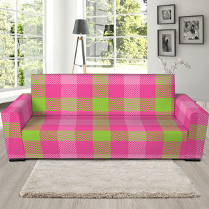 Green And Pink Buffalo Plaid Print Sofa Slipcover