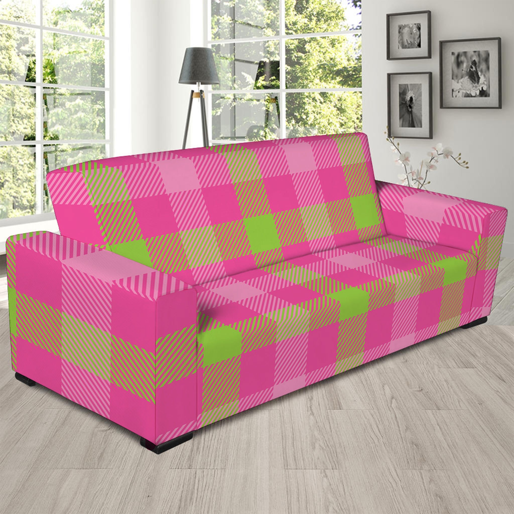 Green And Pink Buffalo Plaid Print Sofa Slipcover