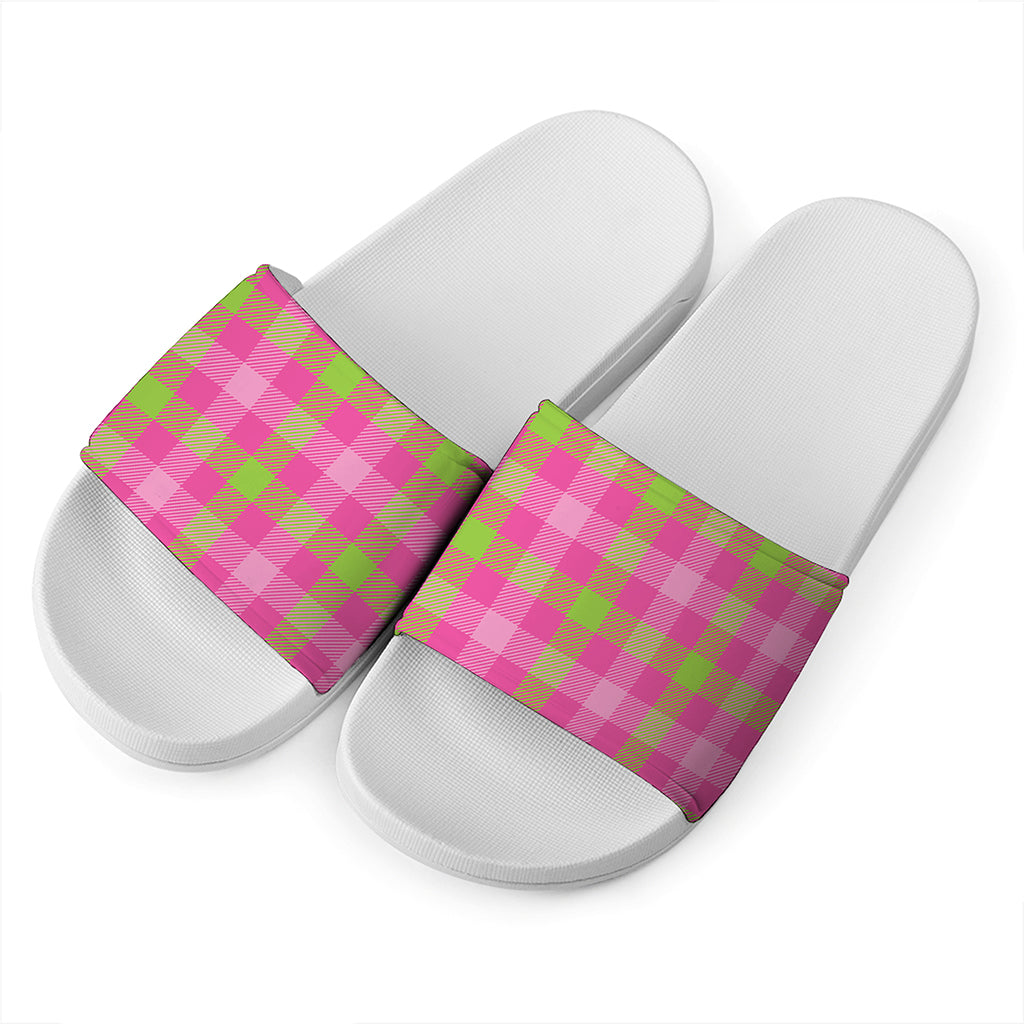 Green And Pink Buffalo Plaid Print White Slide Sandals