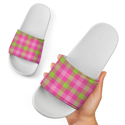 Green And Pink Buffalo Plaid Print White Slide Sandals