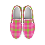 Green And Pink Buffalo Plaid Print White Slip On Shoes