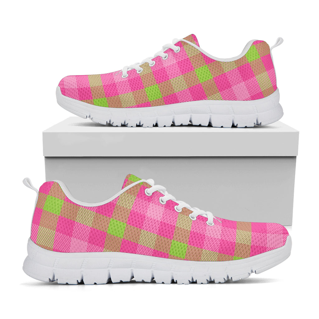 Green And Pink Buffalo Plaid Print White Sneakers