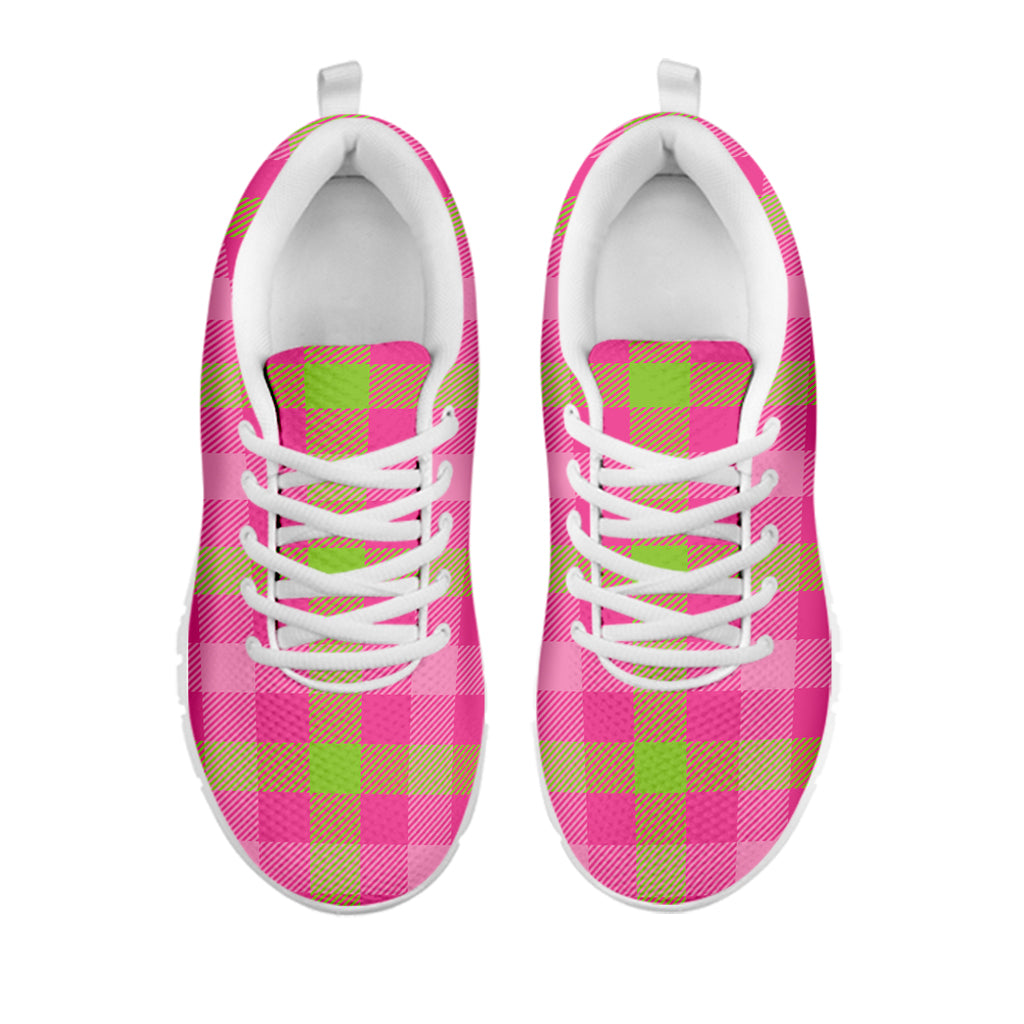 Green And Pink Buffalo Plaid Print White Sneakers