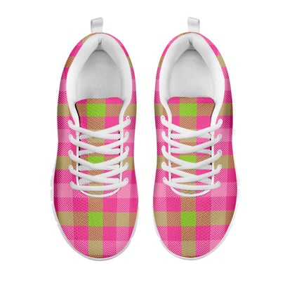 Green And Pink Buffalo Plaid Print White Sneakers