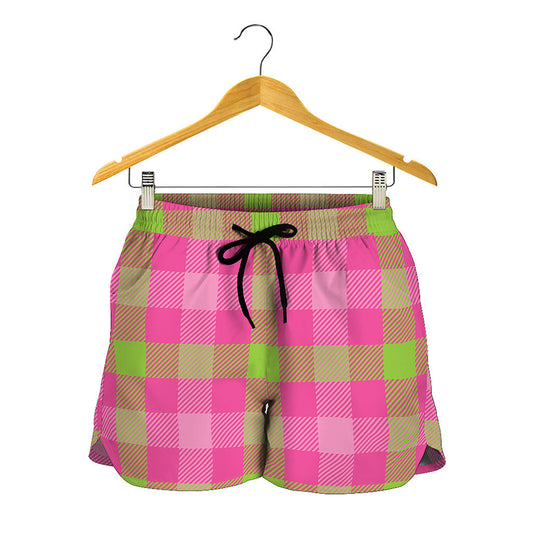 Green And Pink Buffalo Plaid Print Women's Shorts