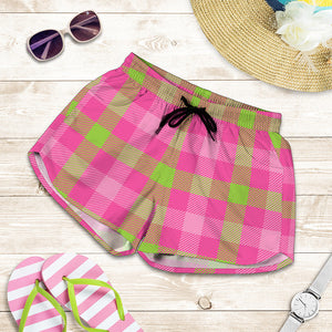 Green And Pink Buffalo Plaid Print Women's Shorts