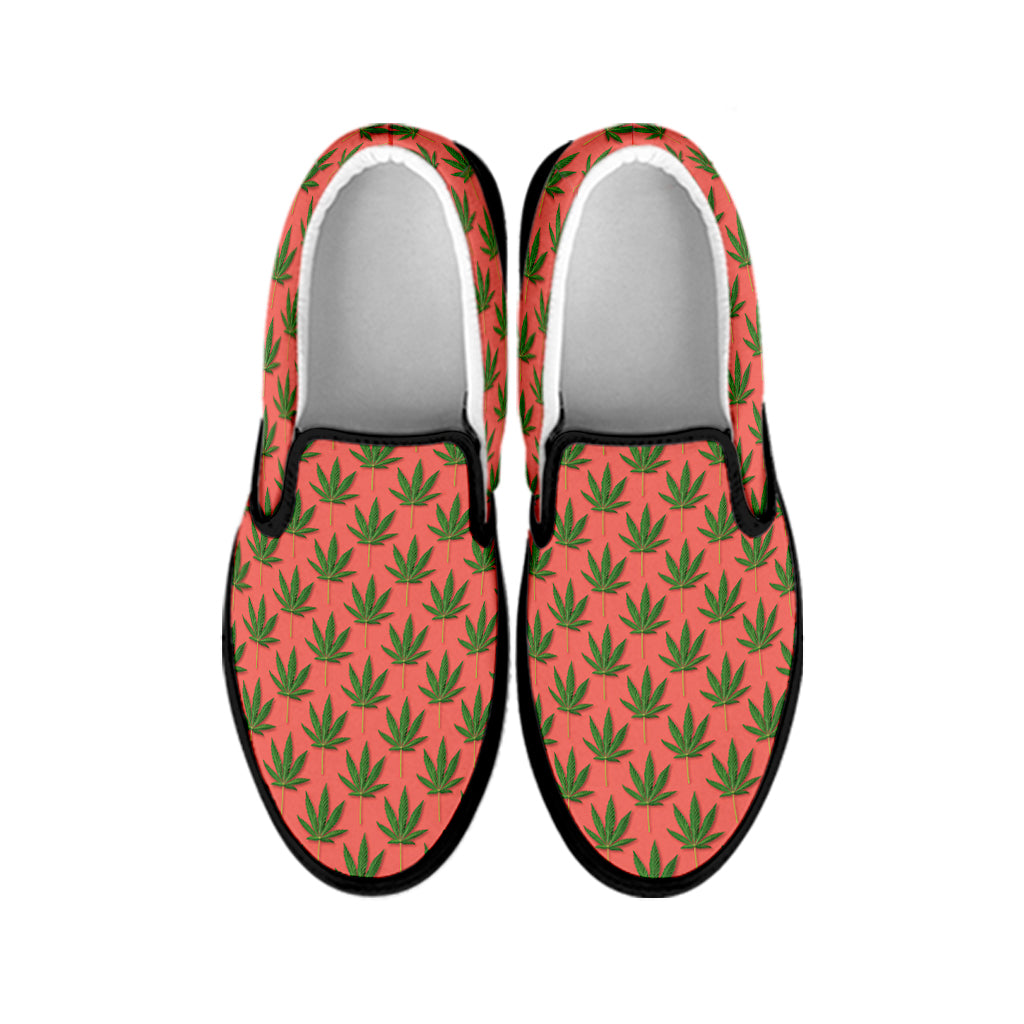 Green And Pink Cannabis Leaf Print Black Slip On Shoes