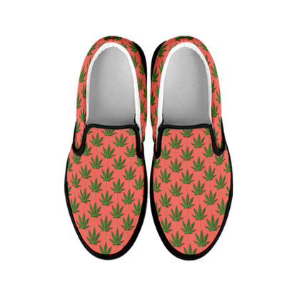 Green And Pink Cannabis Leaf Print Black Slip On Shoes