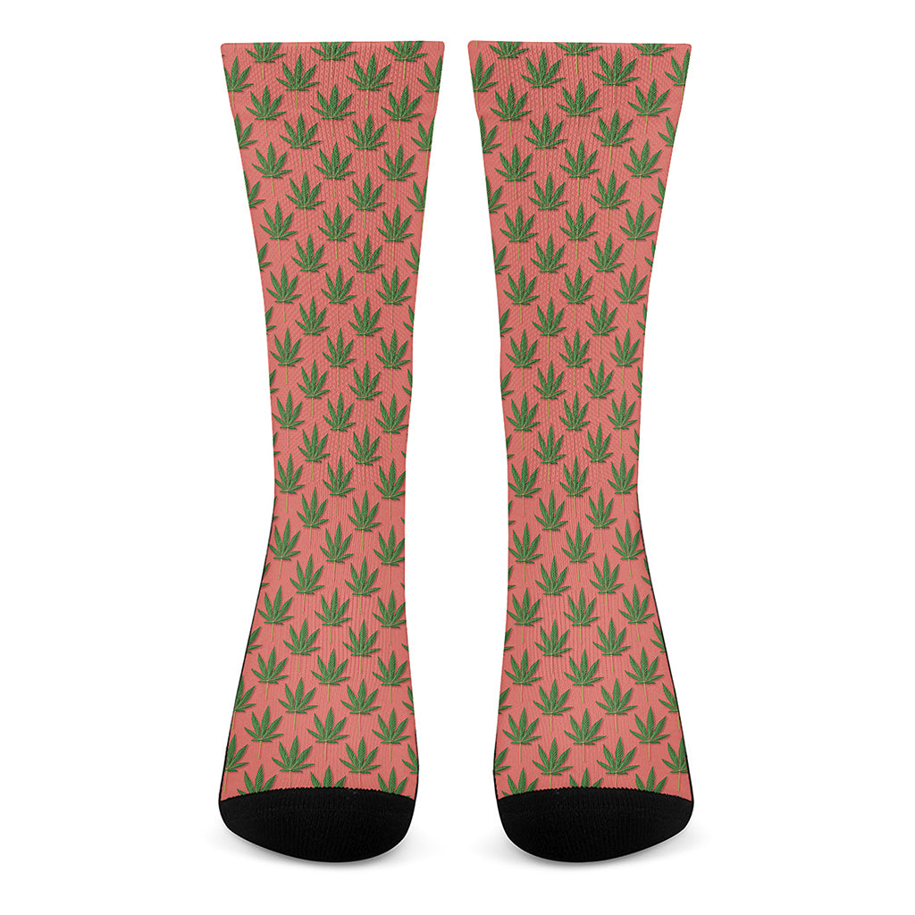 Green And Pink Cannabis Leaf Print Crew Socks