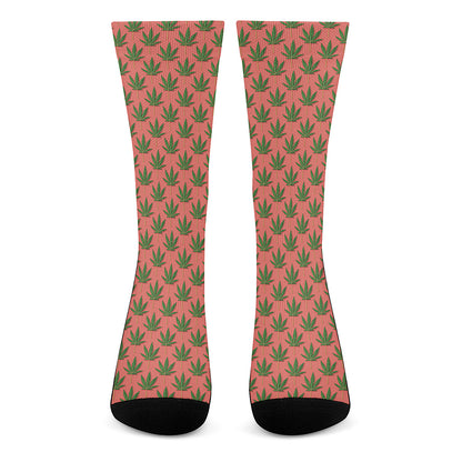 Green And Pink Cannabis Leaf Print Crew Socks