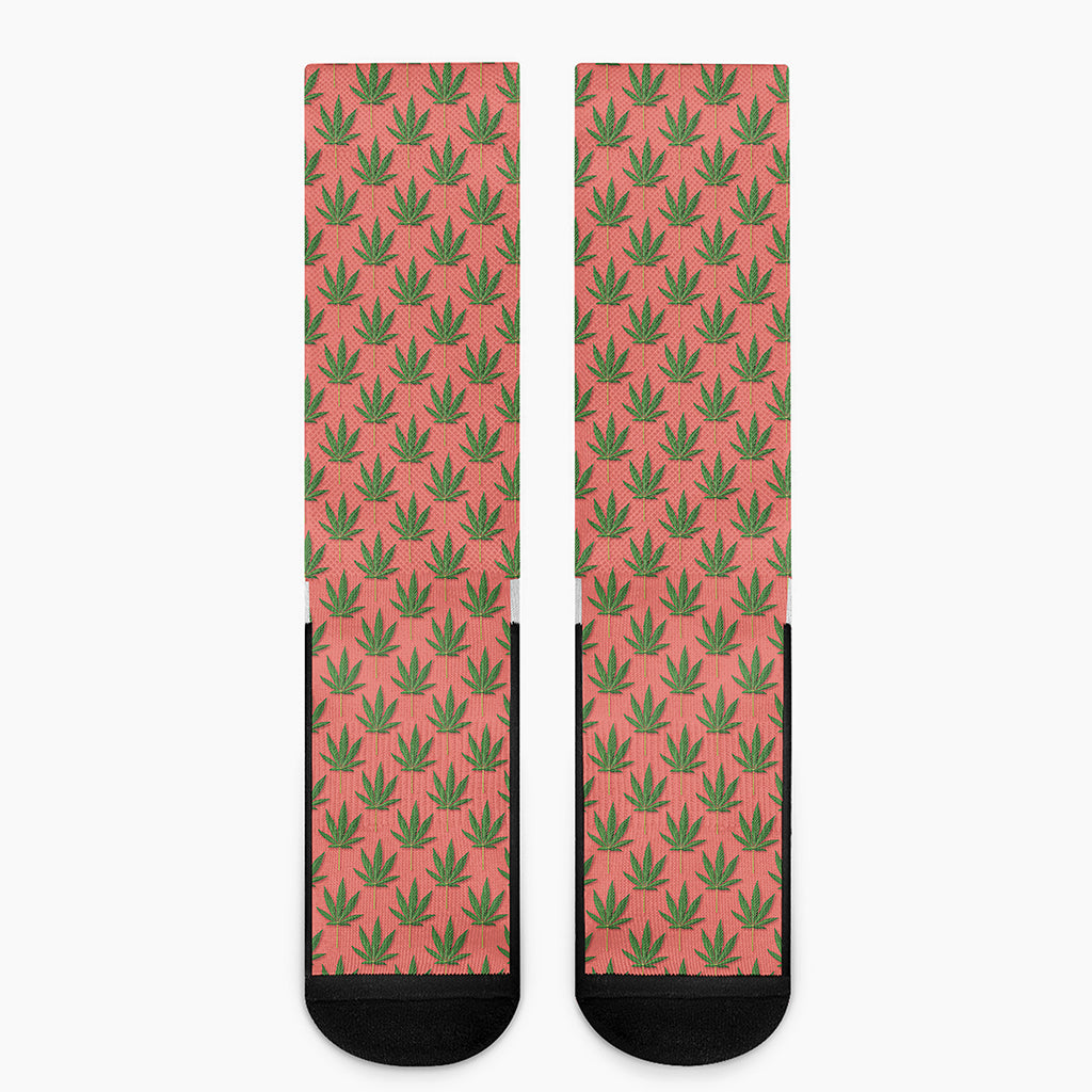 Green And Pink Cannabis Leaf Print Crew Socks