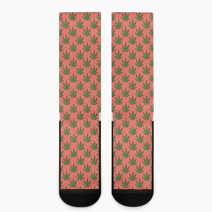 Green And Pink Cannabis Leaf Print Crew Socks