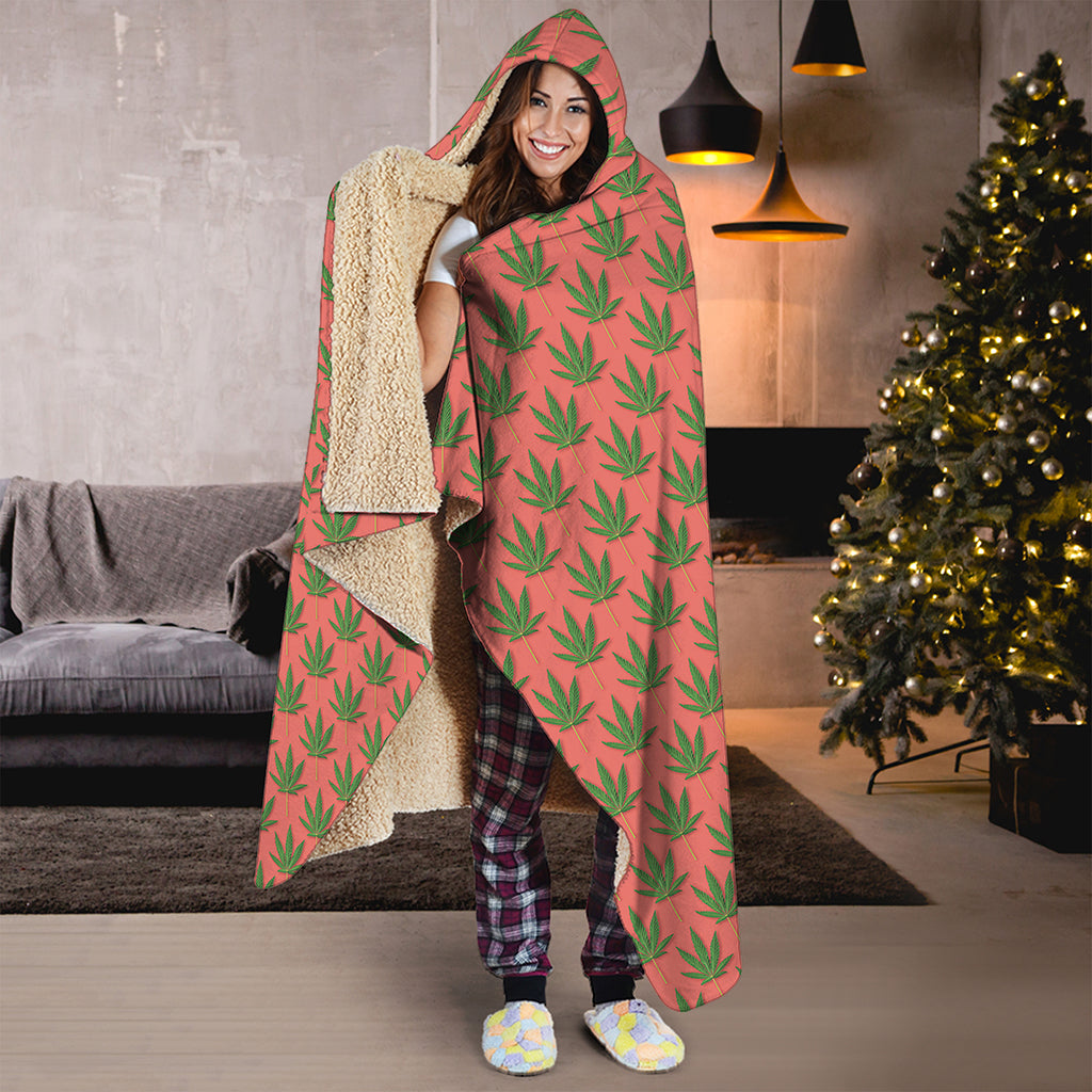 Green And Pink Cannabis Leaf Print Hooded Blanket