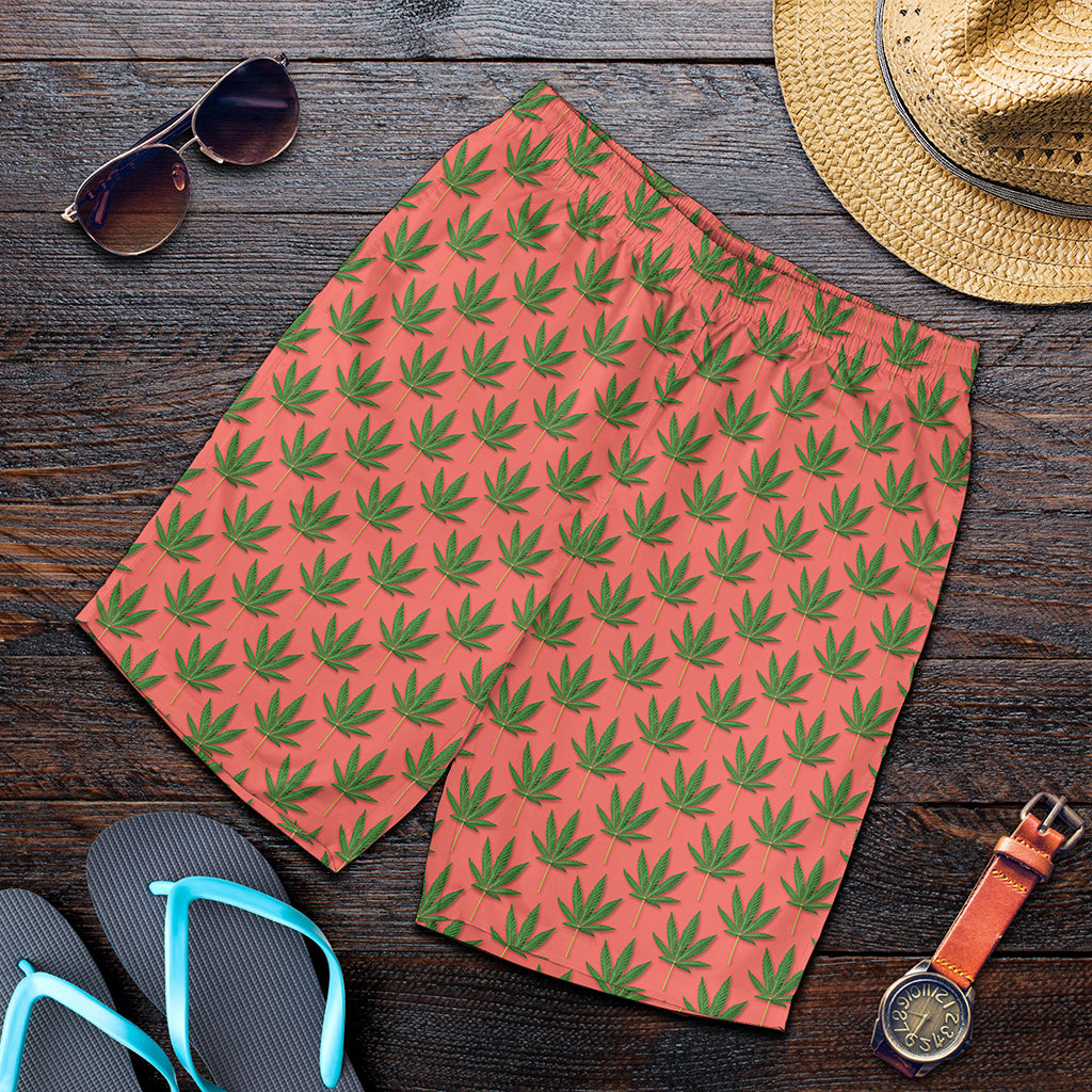 Green And Pink Cannabis Leaf Print Men's Shorts