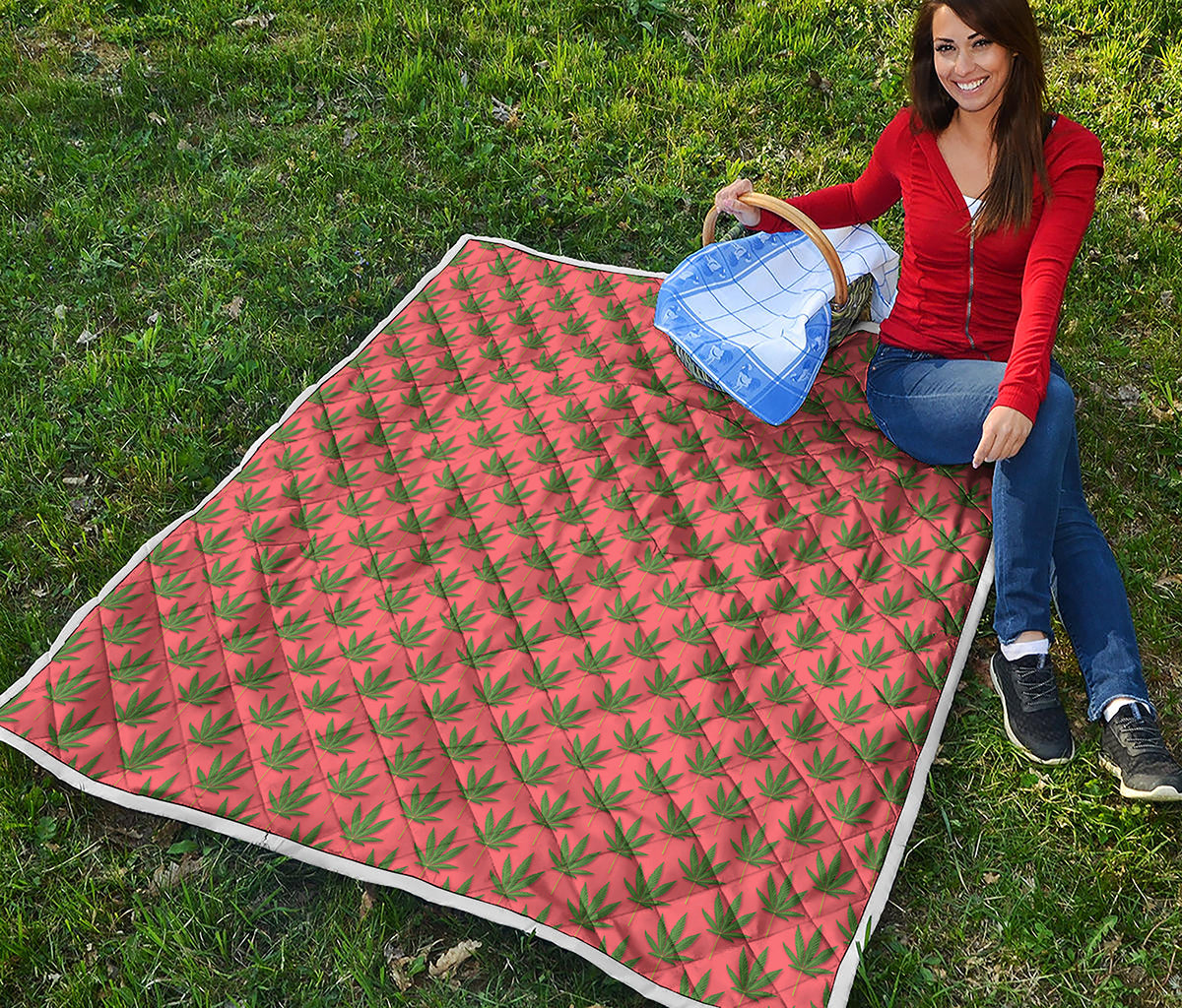 Green And Pink Cannabis Leaf Print Quilt
