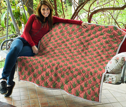 Green And Pink Cannabis Leaf Print Quilt