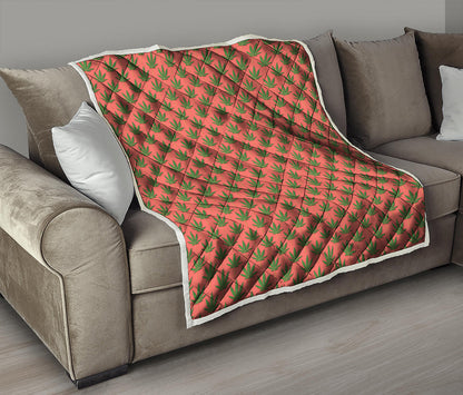 Green And Pink Cannabis Leaf Print Quilt