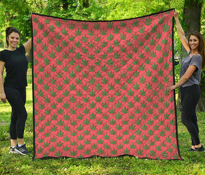 Green And Pink Cannabis Leaf Print Quilt
