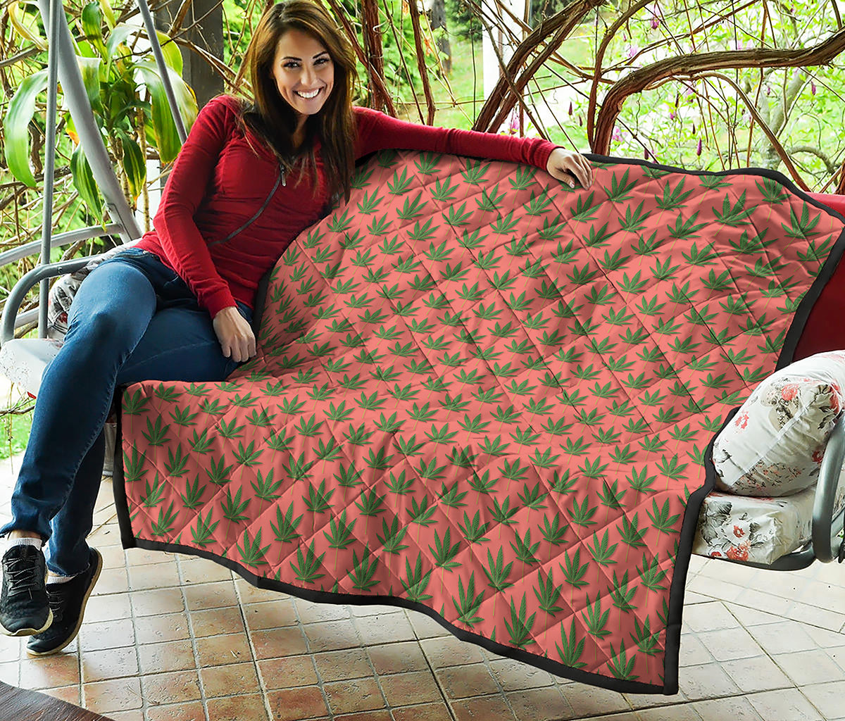 Green And Pink Cannabis Leaf Print Quilt