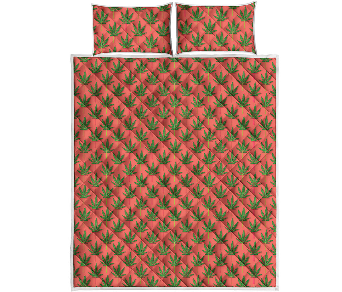 Green And Pink Cannabis Leaf Print Quilt Bed Set