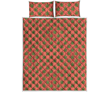 Green And Pink Cannabis Leaf Print Quilt Bed Set