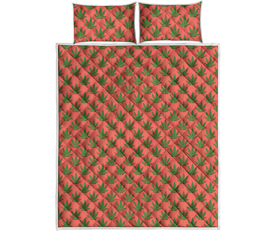 Green And Pink Cannabis Leaf Print Quilt Bed Set