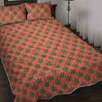 Green And Pink Cannabis Leaf Print Quilt Bed Set
