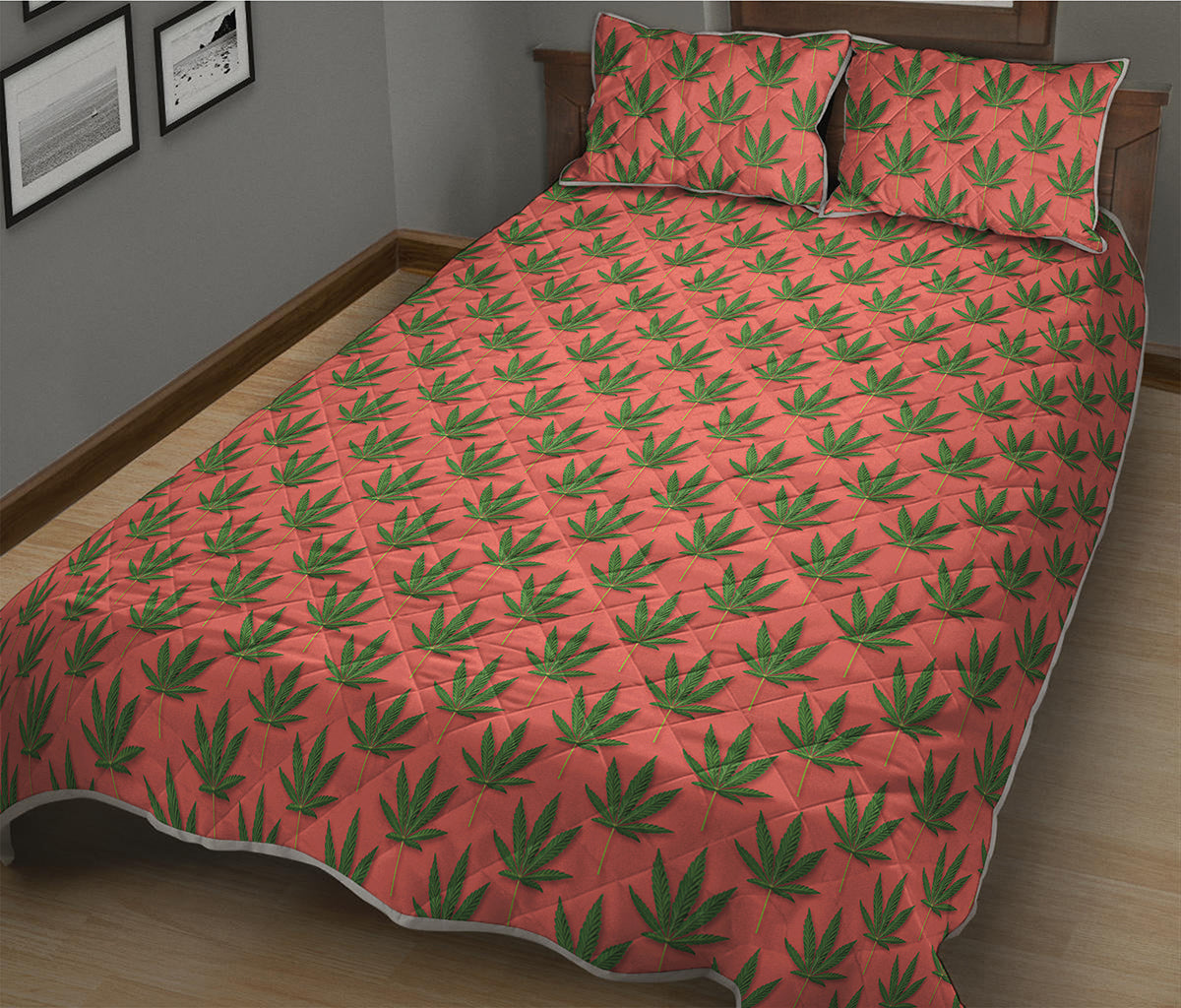 Green And Pink Cannabis Leaf Print Quilt Bed Set