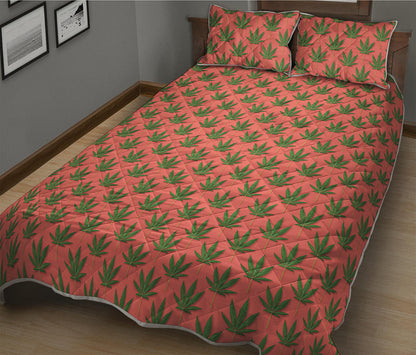 Green And Pink Cannabis Leaf Print Quilt Bed Set