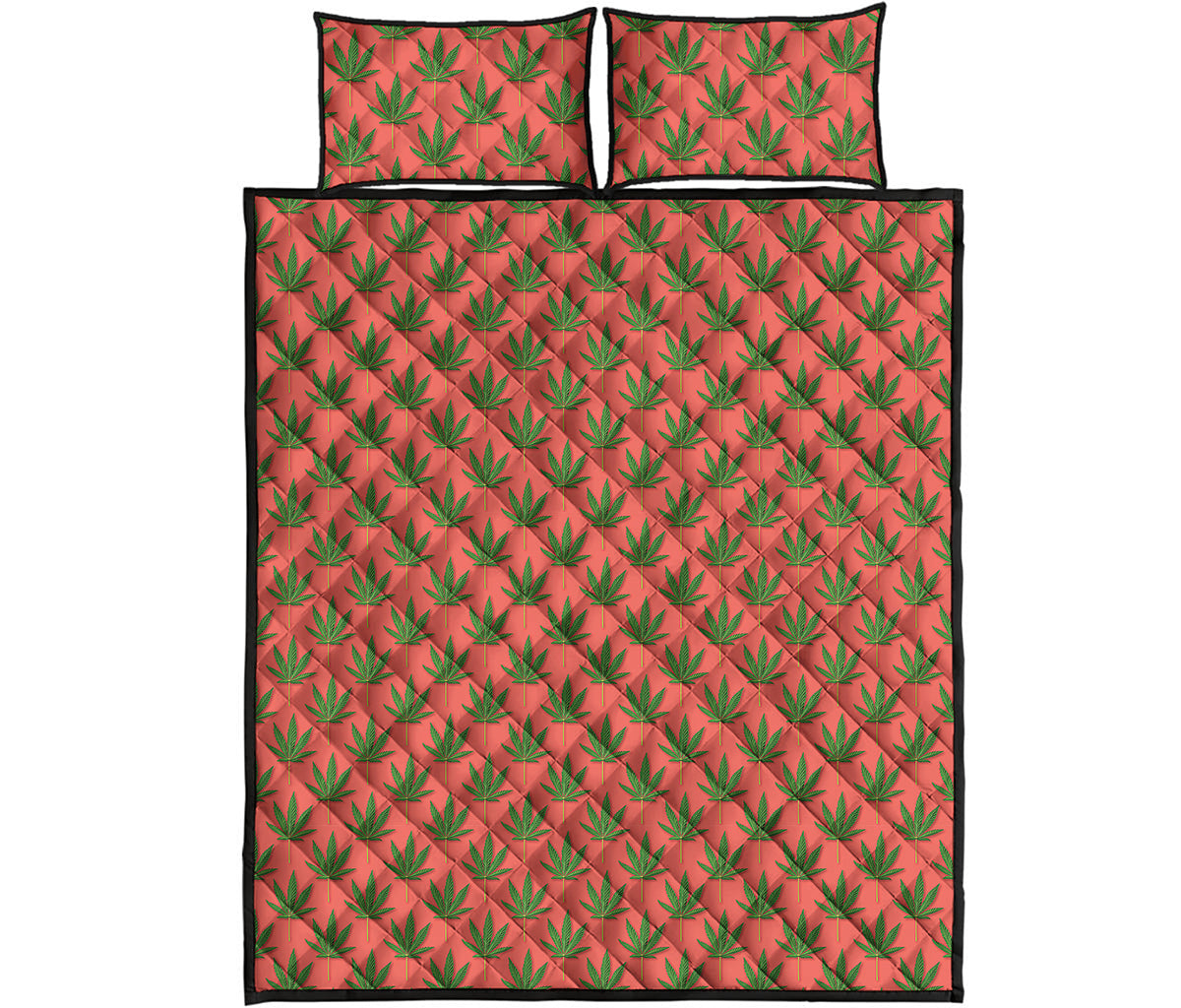 Green And Pink Cannabis Leaf Print Quilt Bed Set