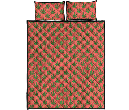 Green And Pink Cannabis Leaf Print Quilt Bed Set
