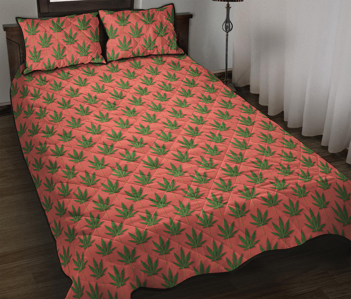 Green And Pink Cannabis Leaf Print Quilt Bed Set
