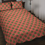 Green And Pink Cannabis Leaf Print Quilt Bed Set