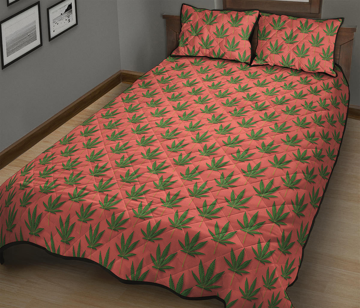 Green And Pink Cannabis Leaf Print Quilt Bed Set