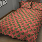 Green And Pink Cannabis Leaf Print Quilt Bed Set