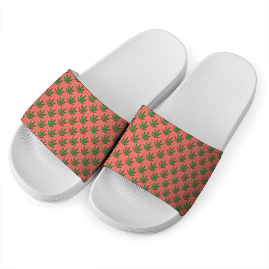 Green And Pink Cannabis Leaf Print White Slide Sandals