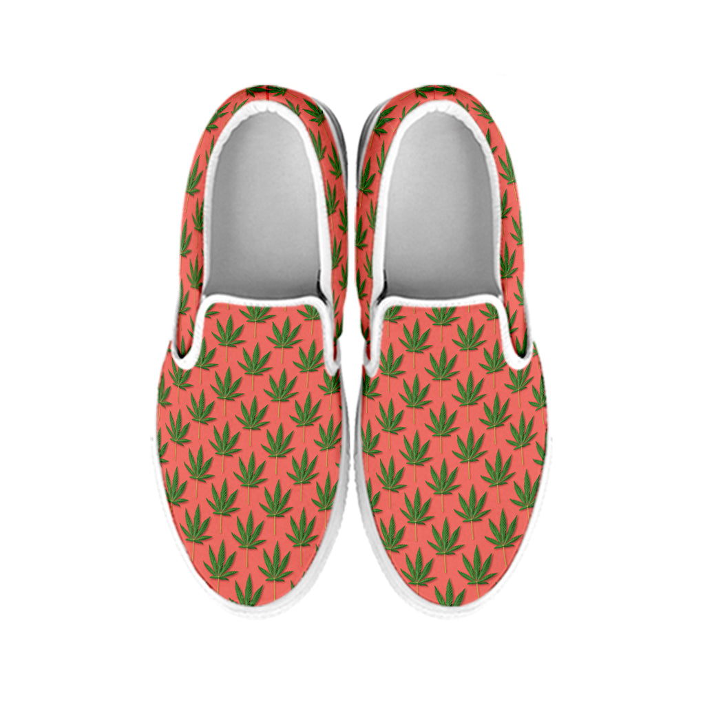 Green And Pink Cannabis Leaf Print White Slip On Shoes