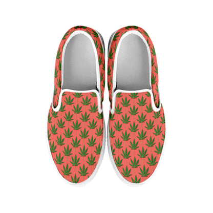 Green And Pink Cannabis Leaf Print White Slip On Shoes