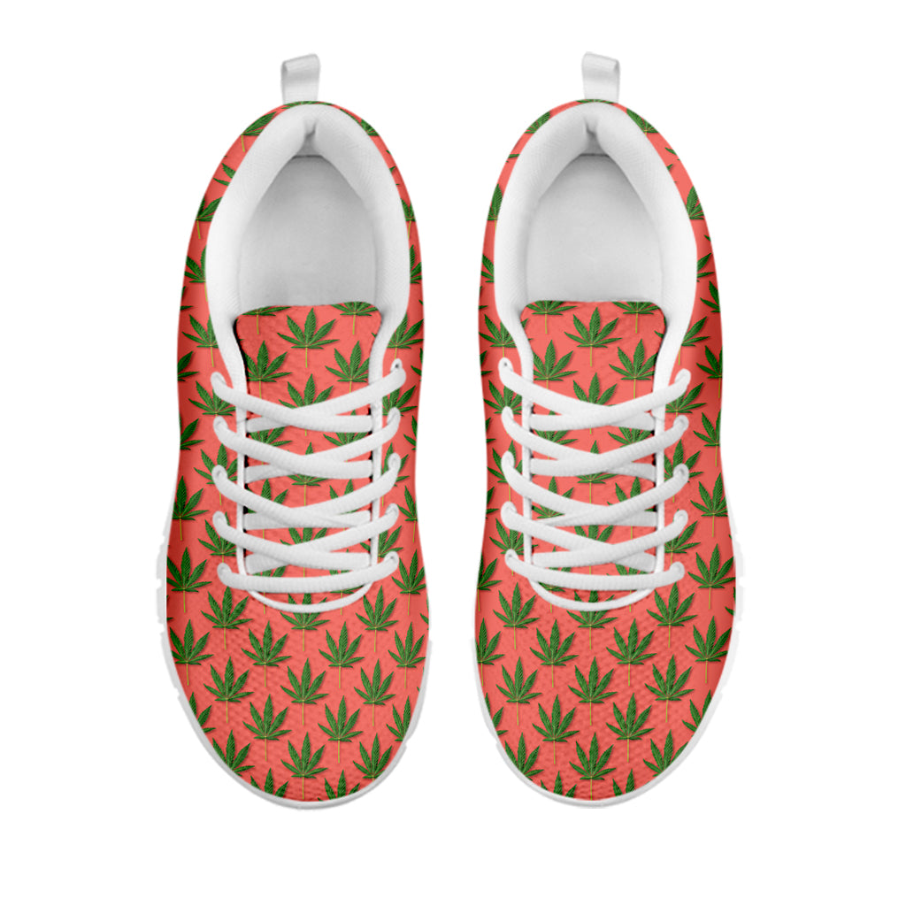 Green And Pink Cannabis Leaf Print White Sneakers