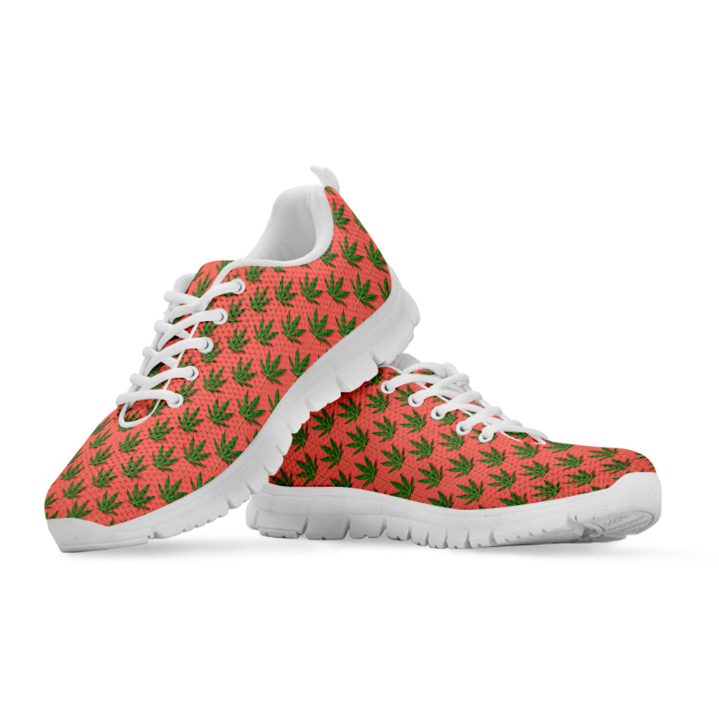 Green And Pink Cannabis Leaf Print White Sneakers