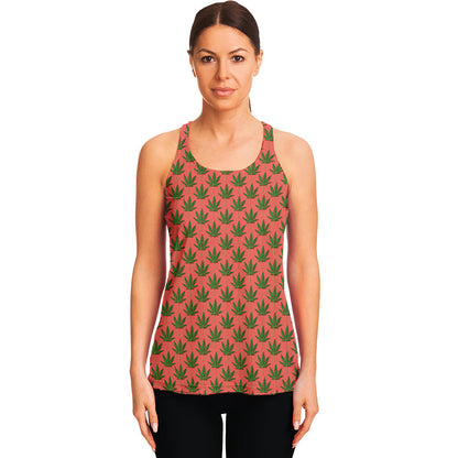 Green And Pink Cannabis Leaf Print Women's Racerback Tank Top
