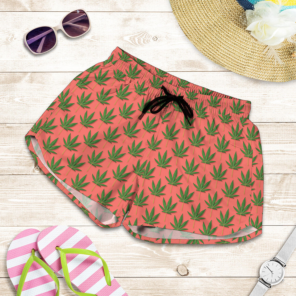 Green And Pink Cannabis Leaf Print Women's Shorts