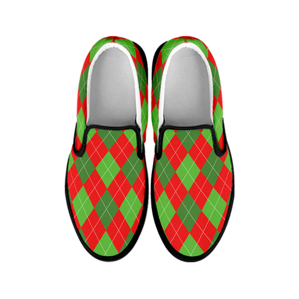 Green And Red Argyle Pattern Print Black Slip On Shoes