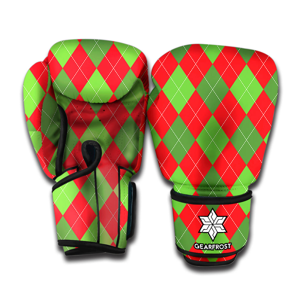Green And Red Argyle Pattern Print Boxing Gloves