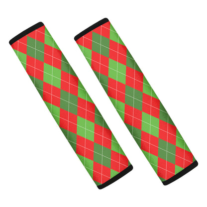 Green And Red Argyle Pattern Print Car Seat Belt Covers