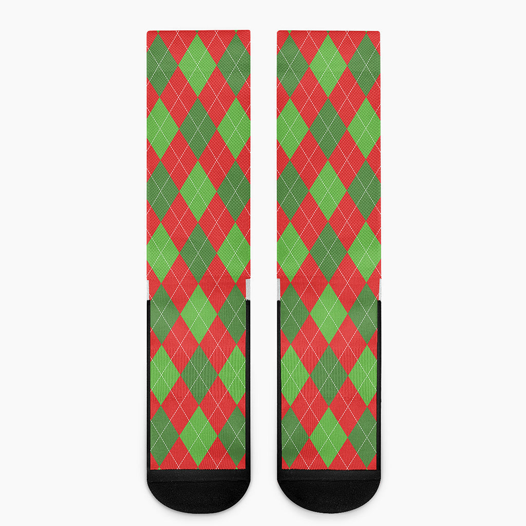 Green And Red Argyle Pattern Print Crew Socks