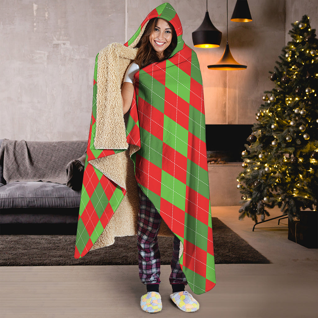 Green And Red Argyle Pattern Print Hooded Blanket