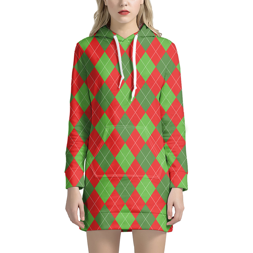 Green And Red Argyle Pattern Print Hoodie Dress