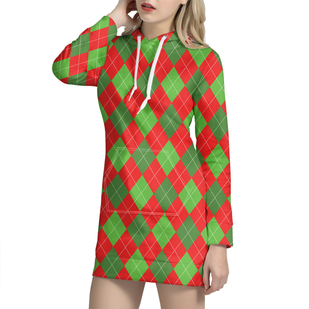 Green And Red Argyle Pattern Print Hoodie Dress
