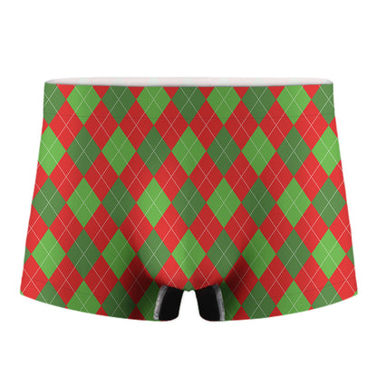 Green And Red Argyle Pattern Print Men's Boxer Briefs
